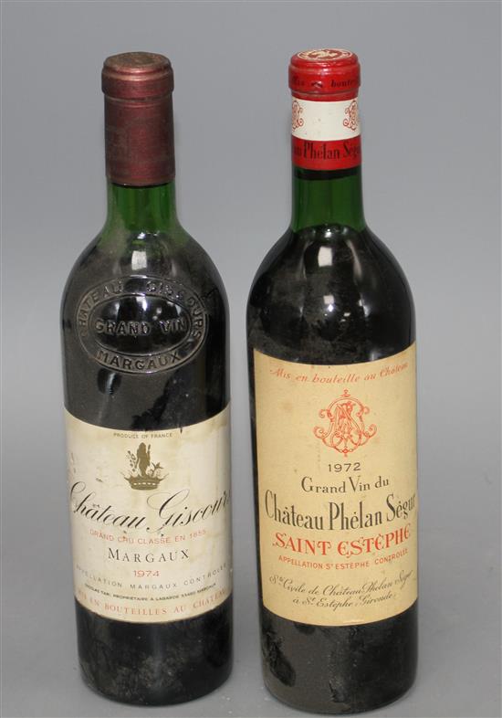 A bottle of Chateau Giscours Margaux 1974 and a bottle of Chateau Phelan Segur 1972
